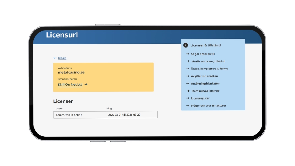 Mobilvy av Spelinspektionens register som visar att Skill On Net Ltd har svensk licens för metalcasino.se.