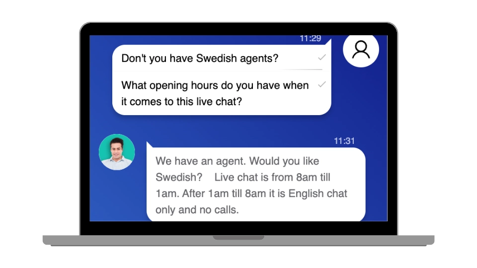 Skärmdumo av Metal Casinos chatt som visar öppettider för svensk support.