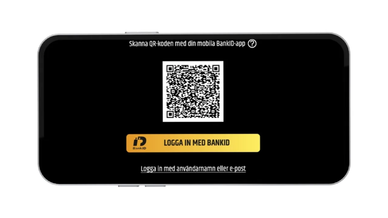 Svart mobilskärm som visar en QR-kod för inloggning med BankID och knappen 