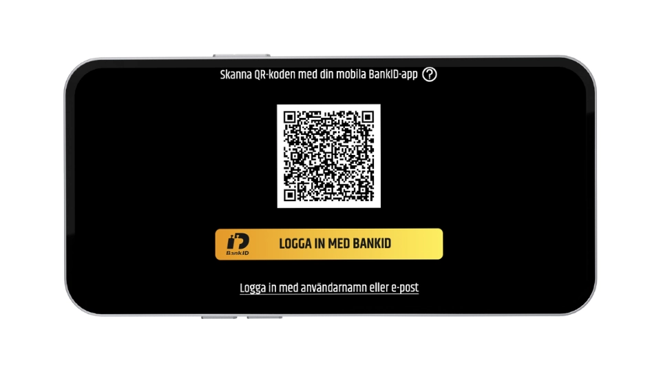 Svart mobilskärm som visar en QR-kod för inloggning med BankID och knappen "Logga in med BankID".