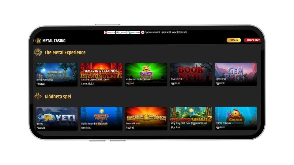 Mobilvy av Metal Casinos spellobby med kategorier som "The Metal Experience" och spel som Blood Moon Wilds.