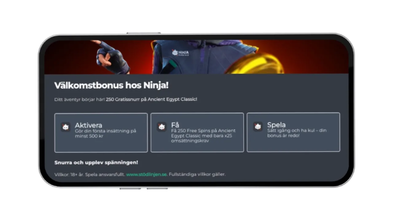 Mobilskärm som visar Ninja Casinos välkomstbonus med 250 gratissnurr vid en insättning på minst 500 kr.
