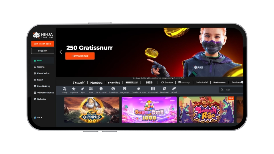 Mobilskärm av Ninja Casinos välkomstbonus med 250 gratissnurr på Ancient Egypt Classic.