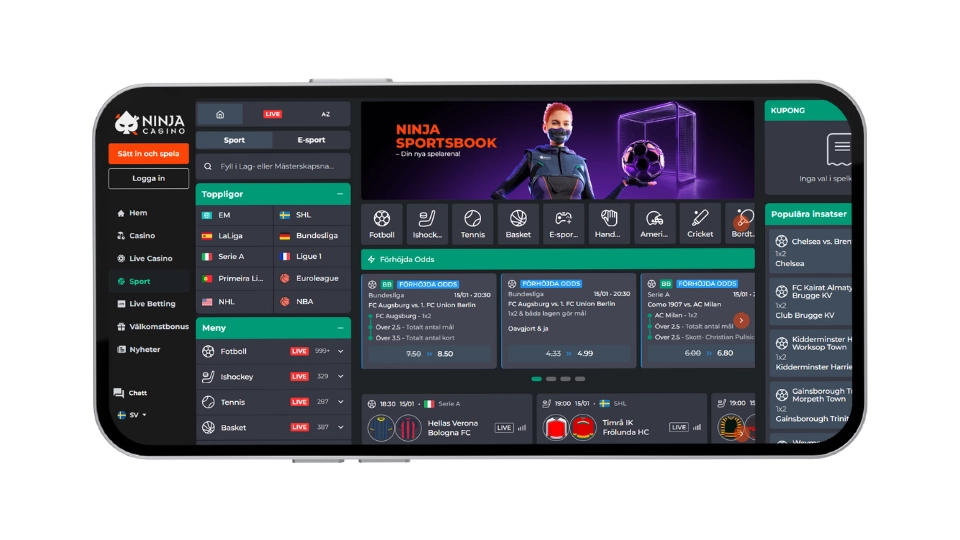 Ninja Sportsbook i mobilskärm som visar odds för fotboll, ishockey, toppligor och aktuella live-matcher.