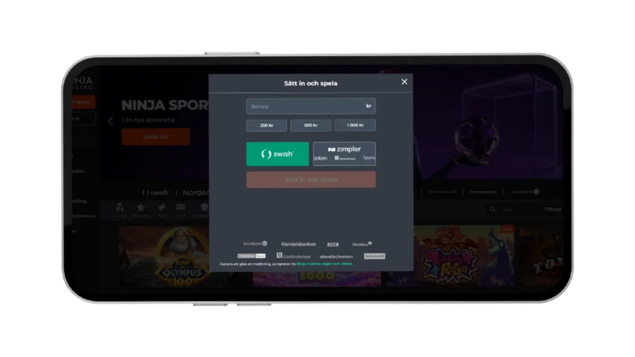 Mobilskärm av Ninja Casino med ett insättningsfönster som visar val för belopp samt betalning via Swish och Zimpler.