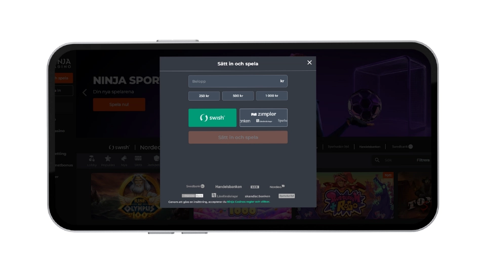 Mobilskärm av Ninja Casino med ett insättningsfönster som visar val för belopp samt betalning via Swish och Zimpler.