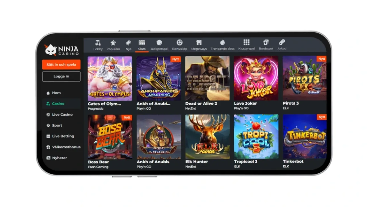 Mobilskärm för Ninja Casino som visar populära slots som Gates of Olympus, Pirots 3 och olika spelkategorier.