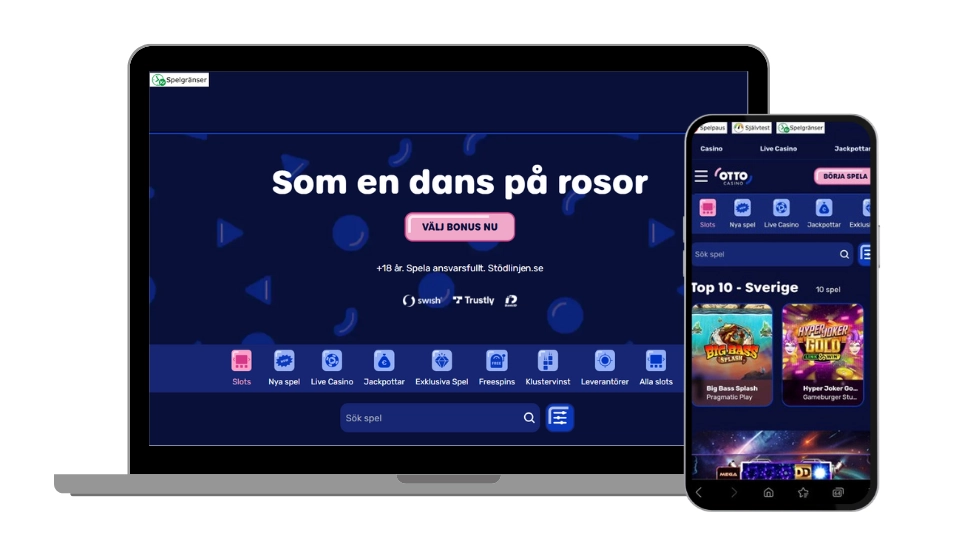 Otto Casinos välkomstsida i dator och mobil med fokus på snabbt spel.