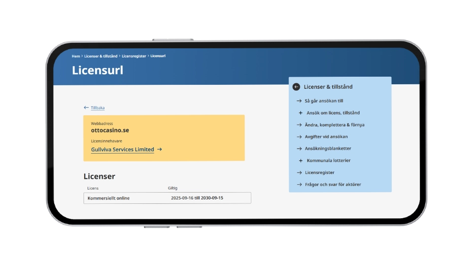 Otto Casinos svenska spellicens utfärdad till Gullviva Services Limited.