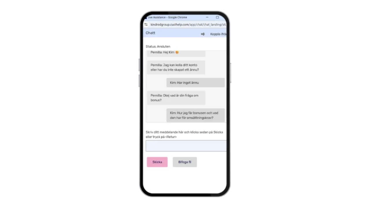 Live-chatt i mobil där en användare ställer frågor om bonus och omsättningskrav.