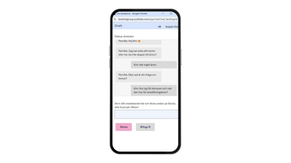 Live-chatt i mobil där en användare ställer frågor om bonus och omsättningskrav.