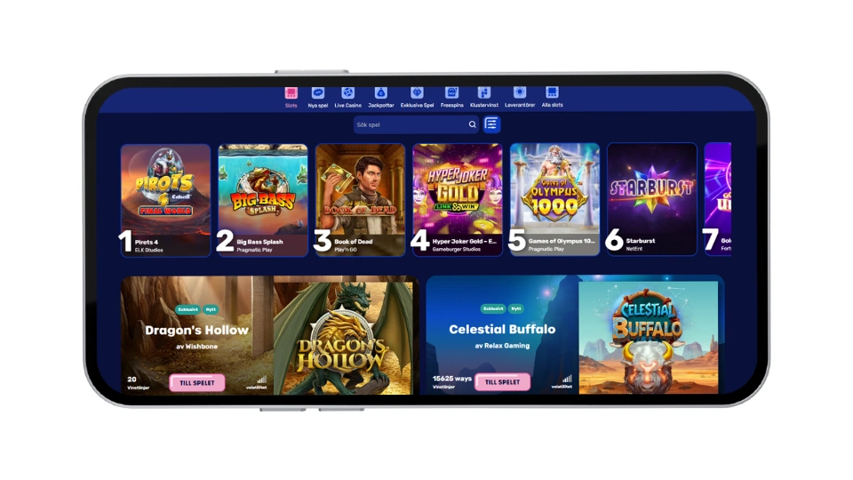 Populära slots hos Otto Casino som Book of Dead och Starburst i mobilen.