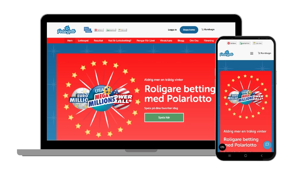 Polarlottos startsida med fokus på betting visas på både laptop och mobil.