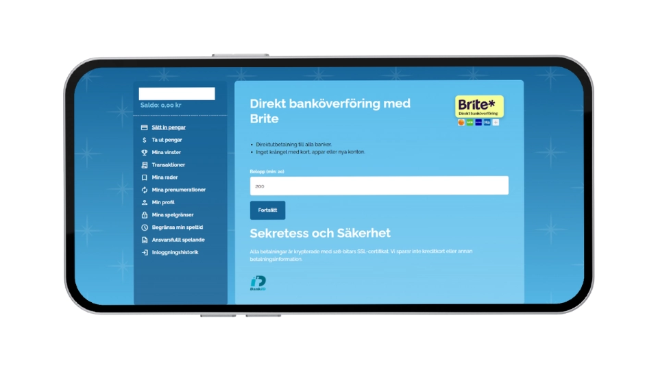 Insättningssida på Polarlotto via Brite direktbanköverföring.