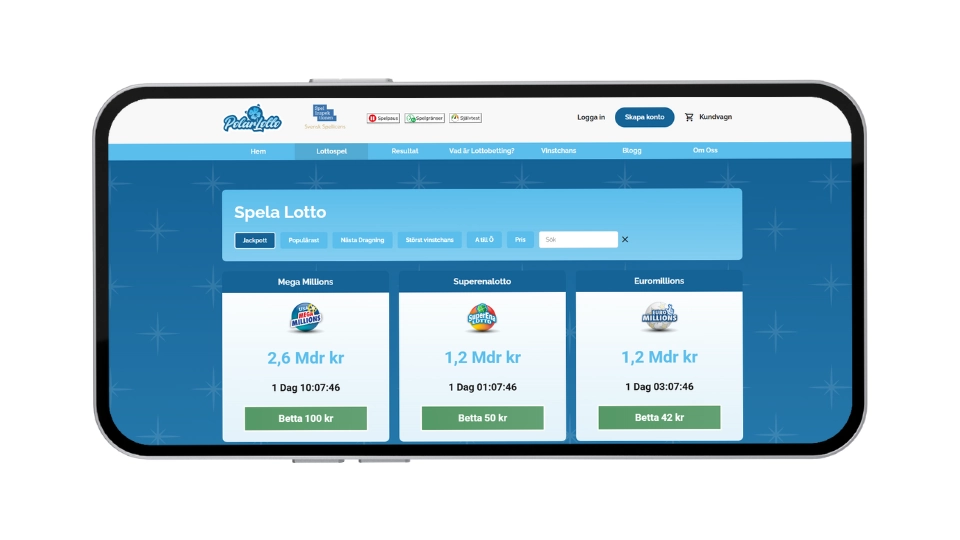 Polarlottos spelutbud med jackpottar för Mega Millions och Superenalotto.