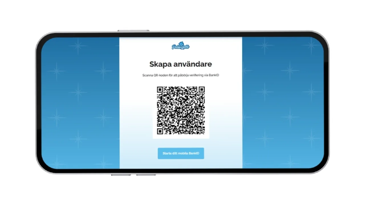 Registreringssida för Polarlotto med QR-kod för verifiering via BankID på en mobilskärm.