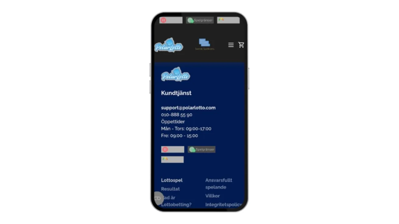Kontaktuppgifter och öppettider för Polarlottos kundtjänst på en mobilskärm.