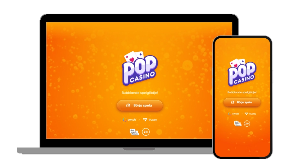 En bärbar dator och mobil som visar Pop Casinos hemsida med logotyp, texten "Bubblande spelglädje!" och betalningsmetoder.