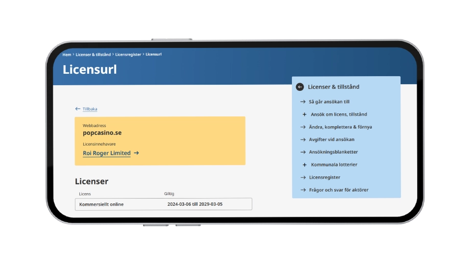 Mobilskärm som visar Pop Casinos licensinformation från Spelinspektionen, giltig för kommersiellt onlinespel till och med mars 2029.