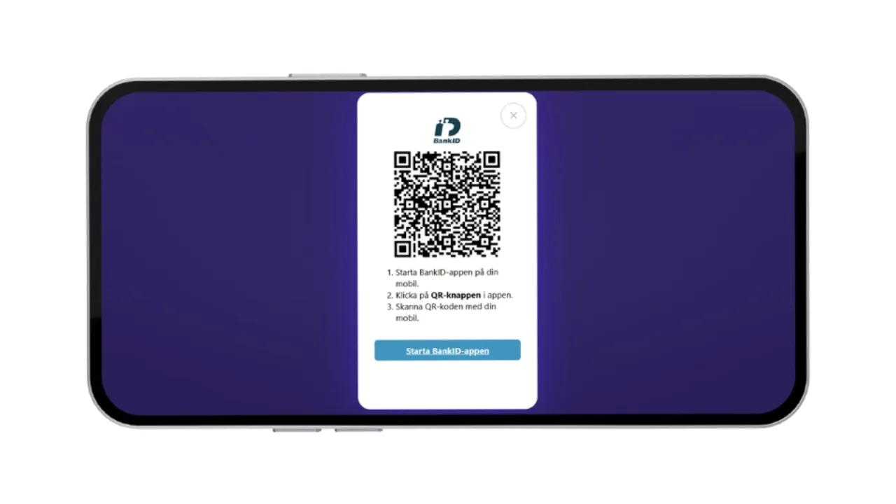 Mobilskärm som visar en QR-kod för BankID-identifiering med instruktioner på svenska och en knapp för att öppna appen.