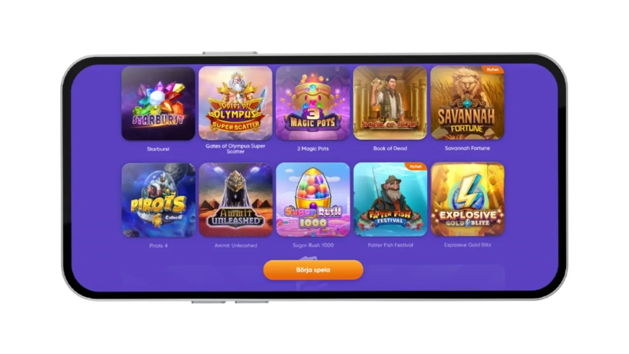 Mobilskärm som visar ett urval av färgglada casinospel som Starburst och Gates of Olympus med knappen 