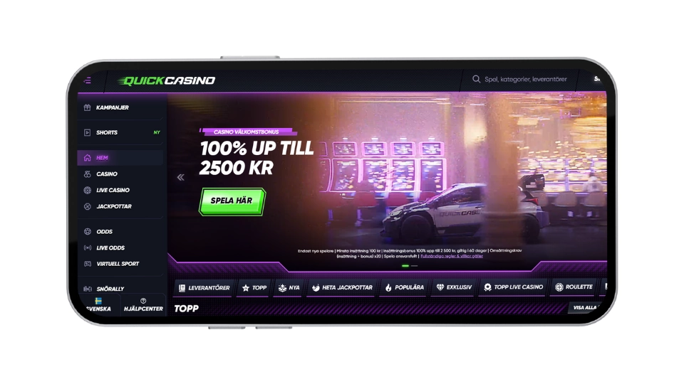 Startsidan för Quick Casino i mobilskärm med en välkomstbonus på 100% upp till 2500 kr.