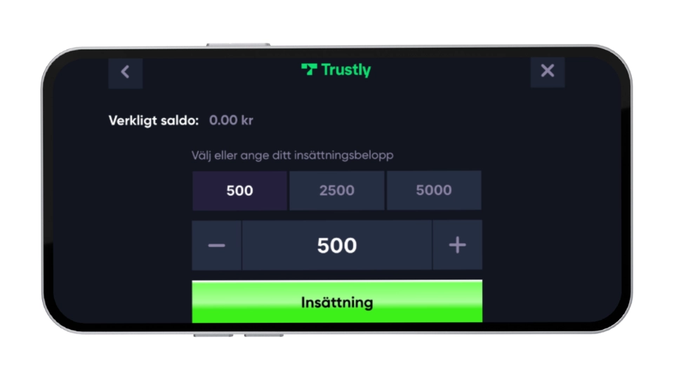 Mobilskärm som visar insättningssidan hos Trustly med belopp och en grön knapp.