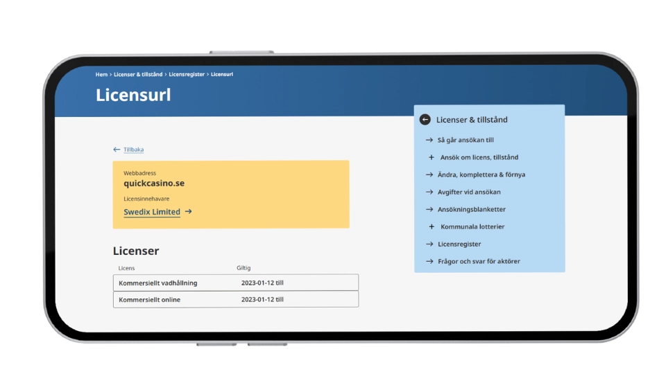 Skärmdump från Spelinspektionen som visar att quickcasino.se har giltiga svenska licenser.