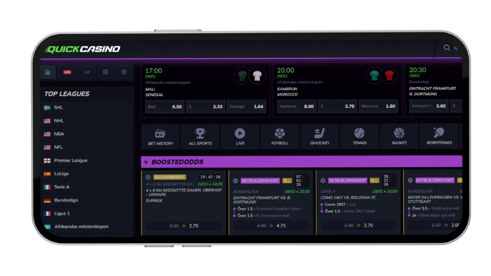 Mobilskärm av Quick Casinos oddssida som visar ”Top Leagues”, matcher och ”Boosted Odds”.
