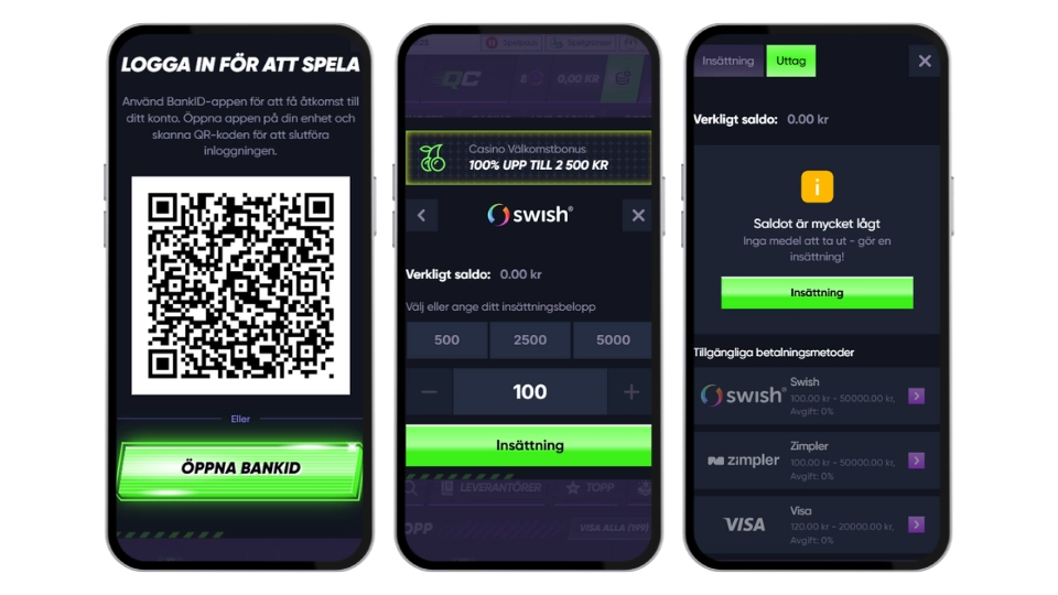 Tre mobilskärmar som visar BankID-inloggning, insättning med Swish och uttagsalternativ.