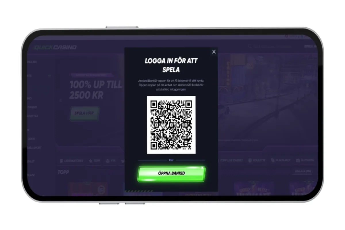 Mobilskärm som visar inloggning hos Quick Casino via QR-kod eller knappen 