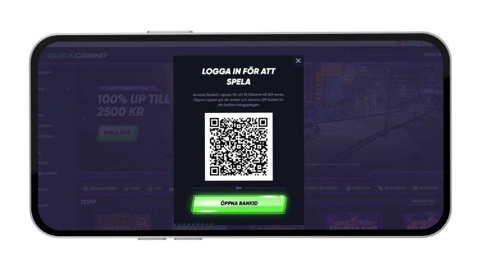 Mobilskärm som visar inloggning hos Quick Casino via QR-kod eller knappen "Öppna BankID"