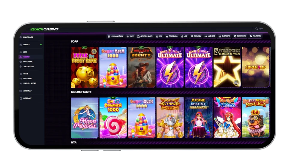 Mobilskärm som visar Quick Casinos spelutbud med kategorier som "Topp" och "Golden Slots".