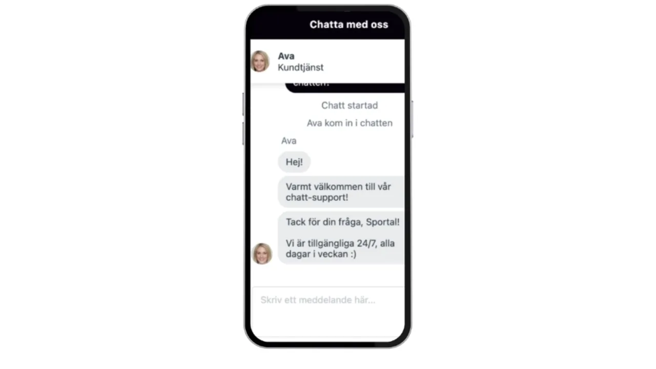 Mobilskärm som visar en kundtjänstchatt på svenska med agenten Ava.