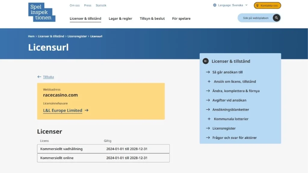 Race cainos spellicens från Spelinspektionen