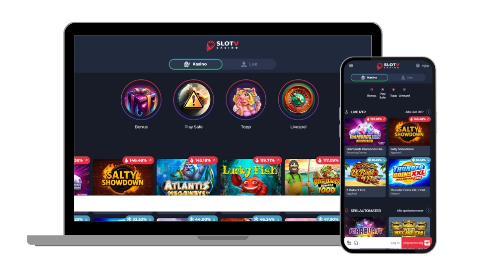 SlotV Casinos startsida i både desktop- och mobilvy.