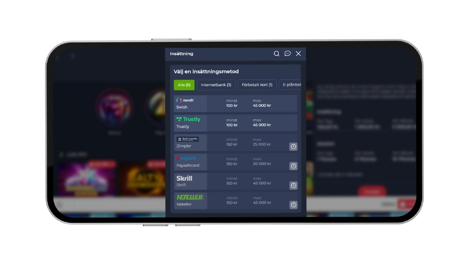 Insättningsmetoder hos SlotV med Swish, Trustly och Zimpler i mobilen.