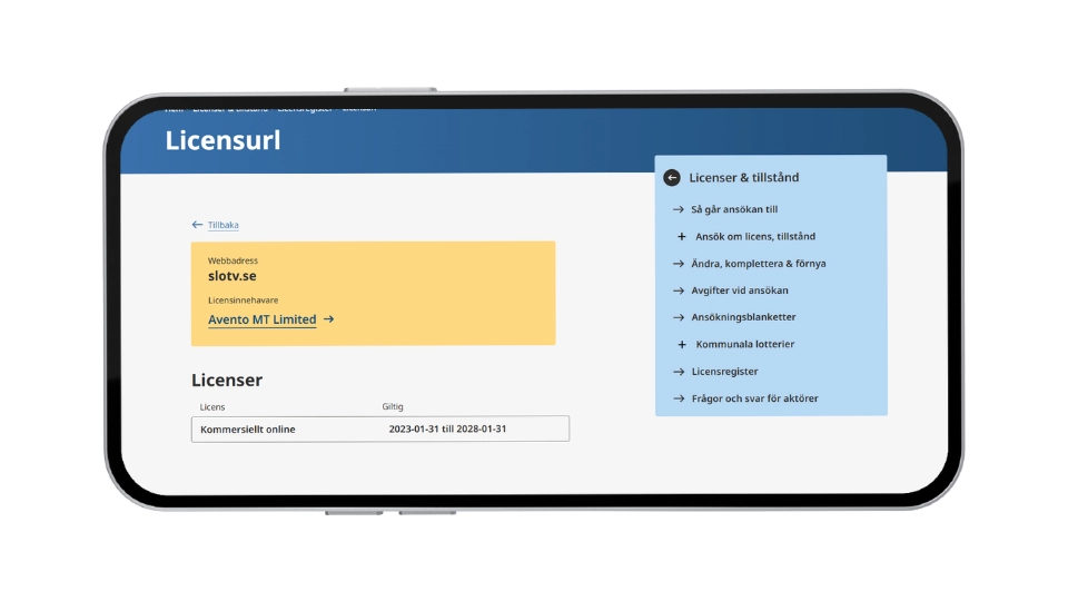 Spelinspektionens sida som visar SlotV:s svenska licens för Avento MT Limited.