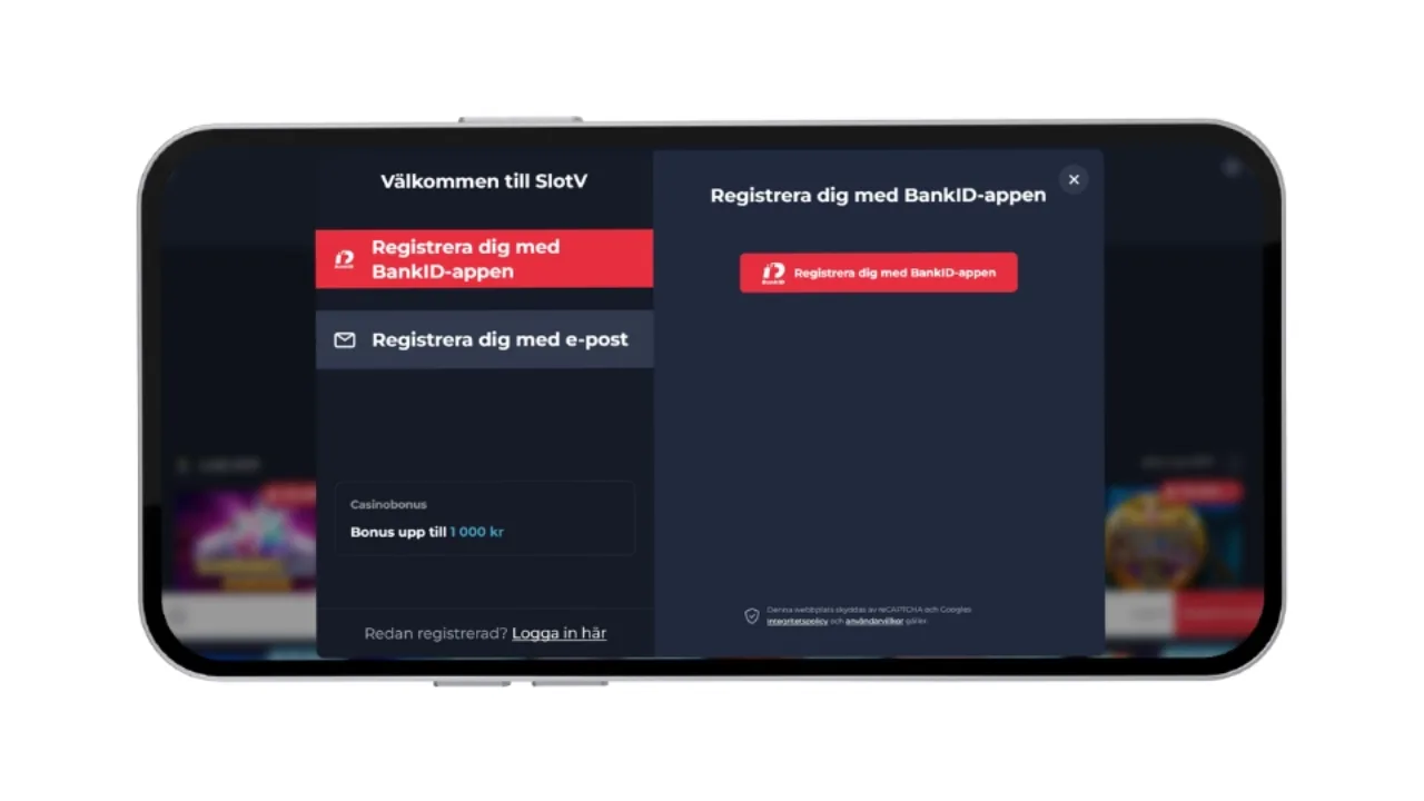 Registreringsvy hos SlotV Casino med val för BankID och e-post.