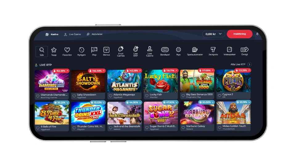 SlotV Casinos spelbibliotek med Live RTP-filter och populära slots.
