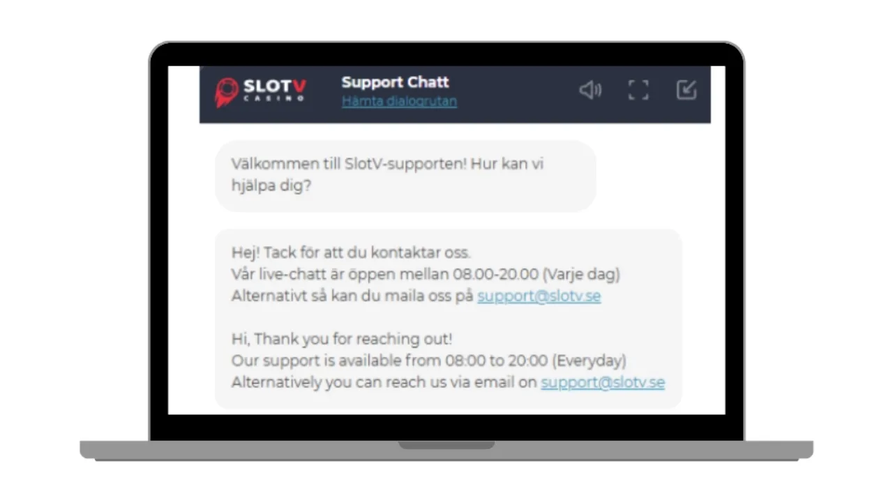 Exempel på en supportchatt hos SlotV Casino med öppettider och kontaktuppgifter.