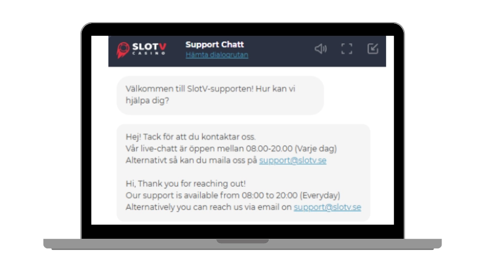 Exempel på en supportchatt hos SlotV Casino med öppettider och kontaktuppgifter.