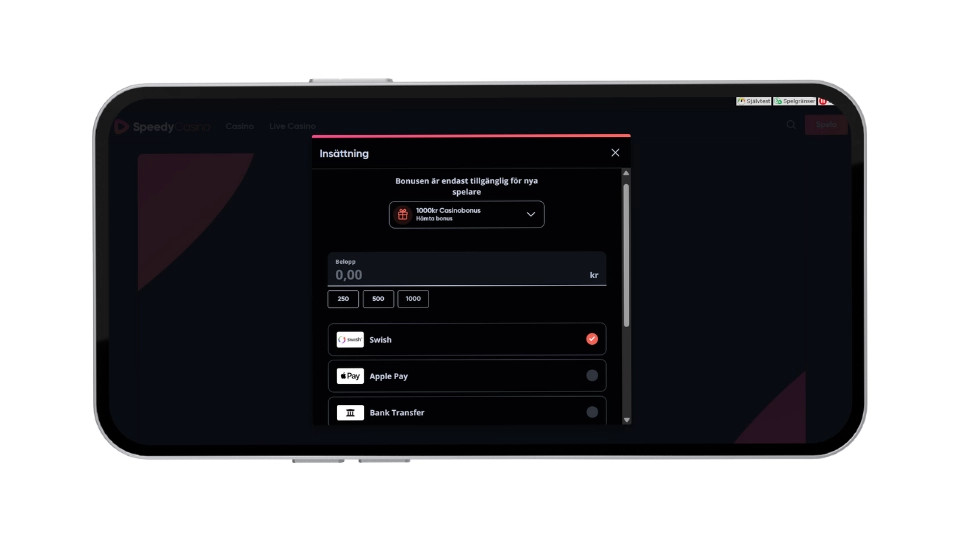 Mobilskärm som visar ett insättningsfönster hos Speedy Casino med val för bonus, belopp och betalningsmetoder som Swish.