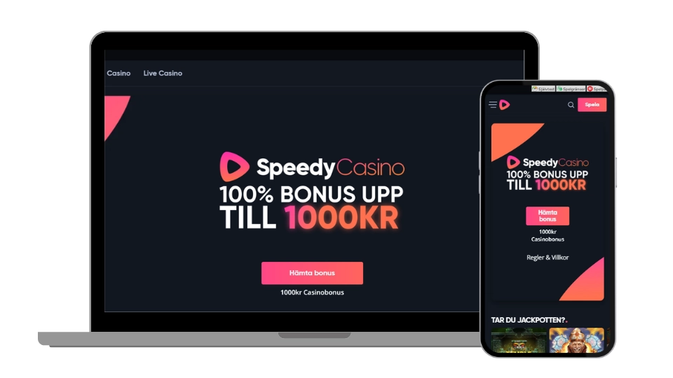 En bärbar dator och mobil som visar Speedy Casinos mörka startsida med rubriken "100 % bonus upp till 1 000 kr".