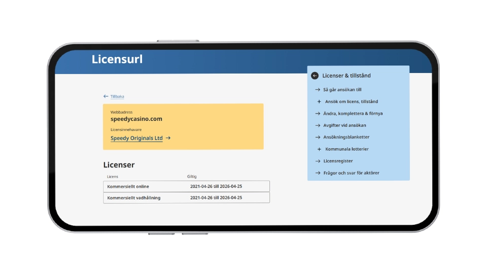 Skärmbild av Spelinspektionens licensregister som visar licens för Speedy Originals Ltd och webbadressen speedycasino.com.
