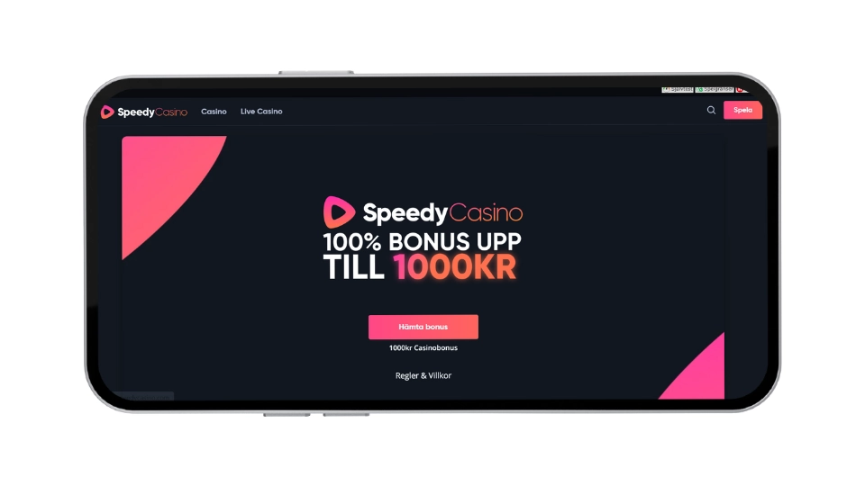 Mobilskärm som visar Speedy Casinos startsida med välkomstbonusen 100 % upp till 1 000 kr och knappen ”Hämta bonus”
