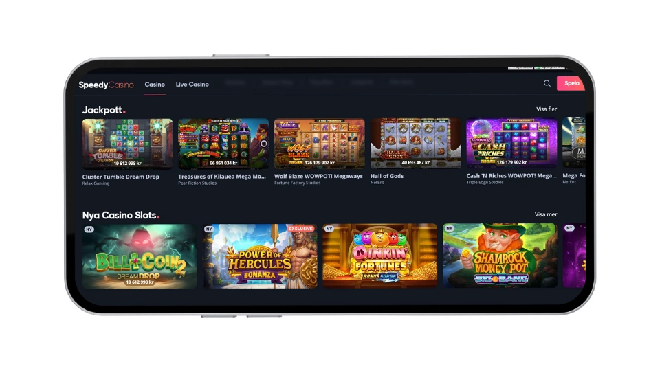 Mobilskärm som visar Speedy Casinos spelutbud med kategorierna "Jackpott" och "Nya Casino Slots" samt olika speltitlar.