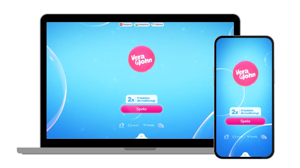 En bärbar dator och mobil visar Vera&Johns startsida.