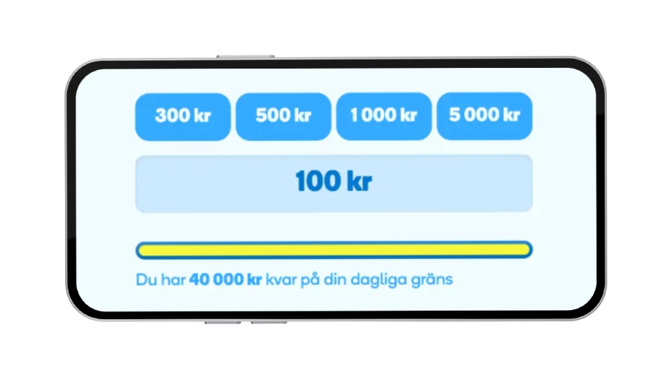 Mobilskärm som visar gränssnitt för insättning med förvalda belopp.