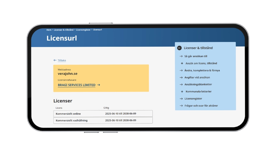 Mobilskärm som visar Spelinspektionens register där verajohn.se har giltig svensk licens.